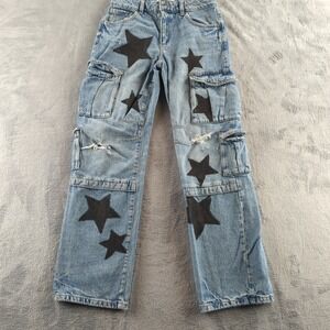 Garage Denim Pants‎ Womens Small Blue Slouchy Star Print Cargo Distressed Jeans